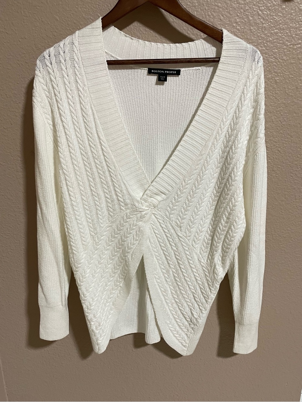 Boston Proper Cream Twist-Front Cable V-Neck Sweater